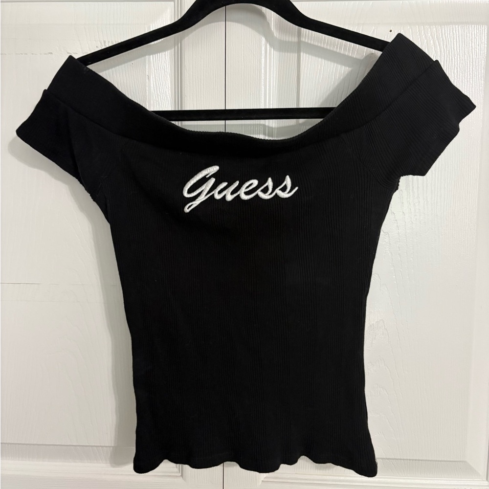 Guess Off The Shoulder Embroidered Ribbed Top Black Sz S